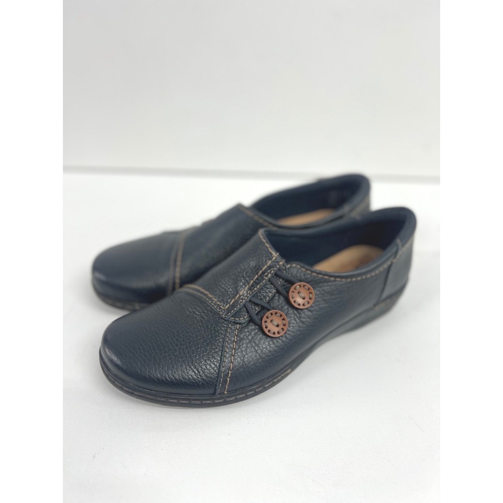 Clarks Collection Evie Shore Navy Leather Button Slip On Loafers Women 10 M